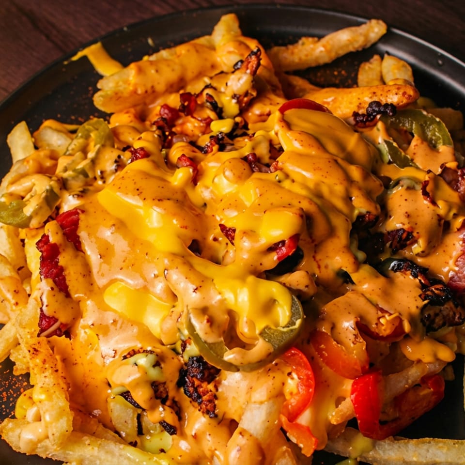 Golden french fries smothered in cheese sauce, jalapeños, and red peppers on a dark plate.