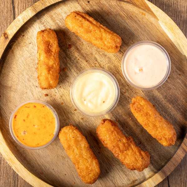 Golden fried cheese sticks and three dipping sauces on a wooden serving tray.