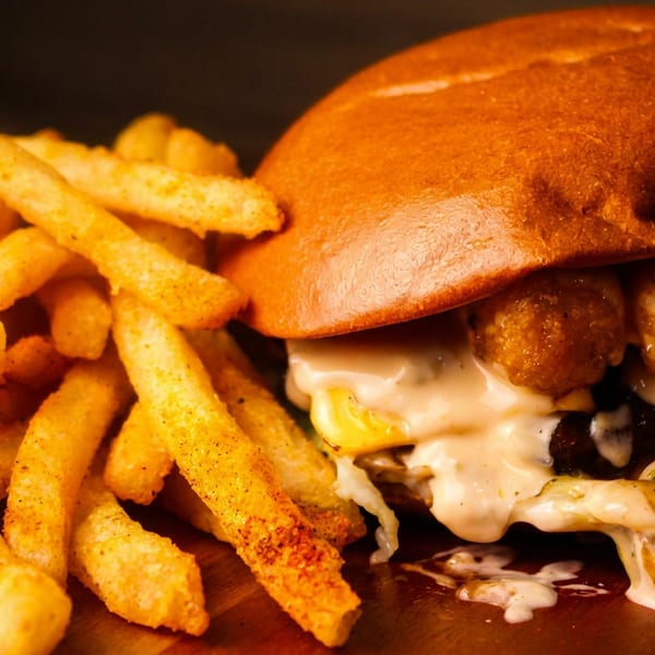 Close-up of a burger with creamy sauce, fried balls, and golden seasoned fries on a wooden board.