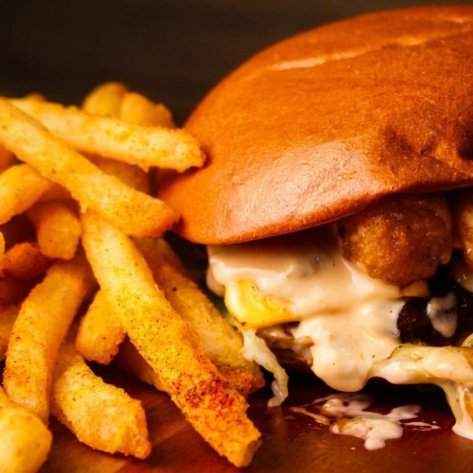 Close-up of a burger with creamy sauce, fried balls, and golden seasoned fries on a wooden board.
