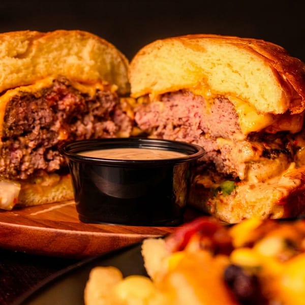 Juicy burger cut in half with melted cheese, coleslaw, seasoned fries, and dipping sauce.